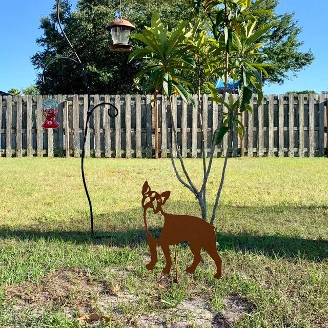 Boston Terrier Memorial sculpture rust-colored metal silhouette by Rustica Ornamentals on Tampa Home & Garden Store