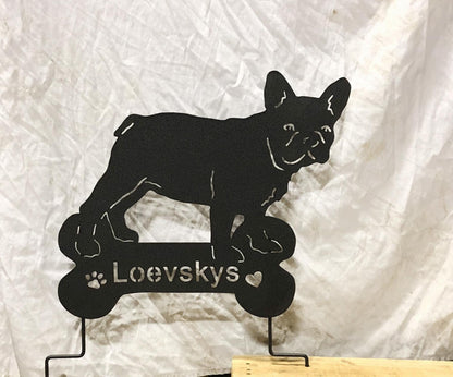 French Bulldog metal silhouette statue with bone base by Rustica Ornamentals Løevskys on Tampa Home & Garden Store