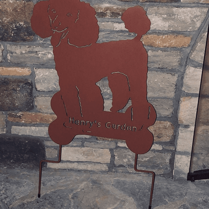 Poodle garden stake by Rustica Ornamentals, rusty silhouette with Henry's Garden text on Tampa Home & Garden Store