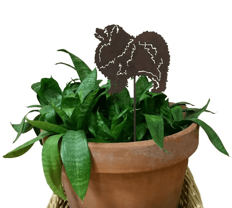 Keeshond plant stake in dark brown metal with rustic finish by Rustica Ornamentals on Tampa Home & Garden Store