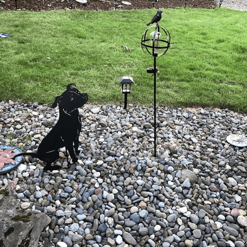 Pit Bull garden statue; black metal terrier sculpture on Tampa Home & Garden Store