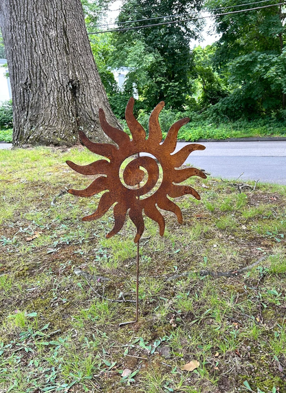 Sun metal art lawn ornament with rust finish on garden stake by Rustica Ornamentals on Tampa Home & Garden Store