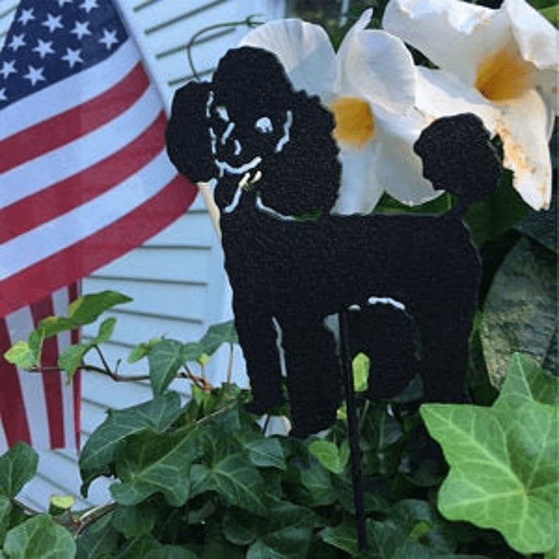 Poodle plant stake in black metal for garden by Rustica Ornamentals, dog memorial among ivy on Tampa Home & Garden Store