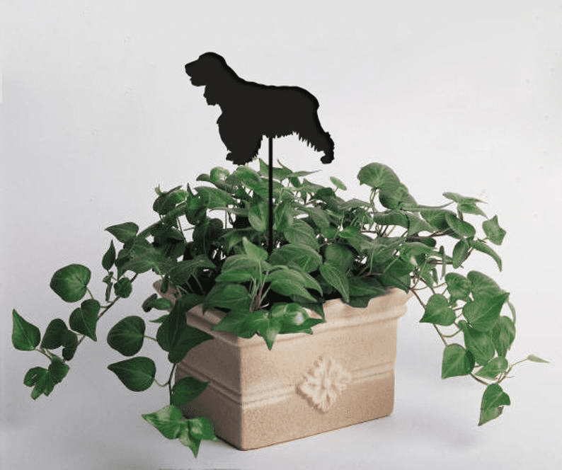 English Cocker Spaniel Plant Spike Style 2 black silhouette atop beige planter with pothos on Tampa Home & Garden Store