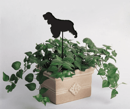 English Cocker Spaniel Plant Spike Style 2 black silhouette atop beige planter with pothos on Tampa Home & Garden Store