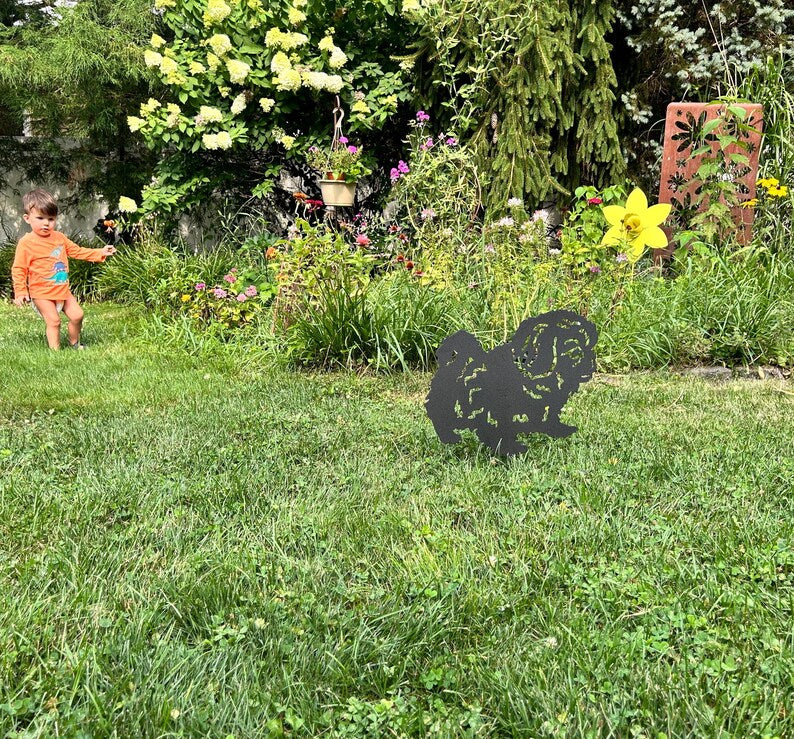 Pekingese garden stake silhouette in black metal by Rustica Ornamentals for lawn decor on Tampa Home & Garden Store
