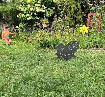 Pekingese garden stake silhouette in black metal by Rustica Ornamentals for lawn decor on Tampa Home & Garden Store