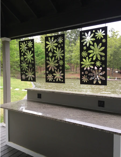 Privacy screen panels in heavy-duty steel with gold floral cutouts, triple patio or fence on Tampa Home & Garden Store