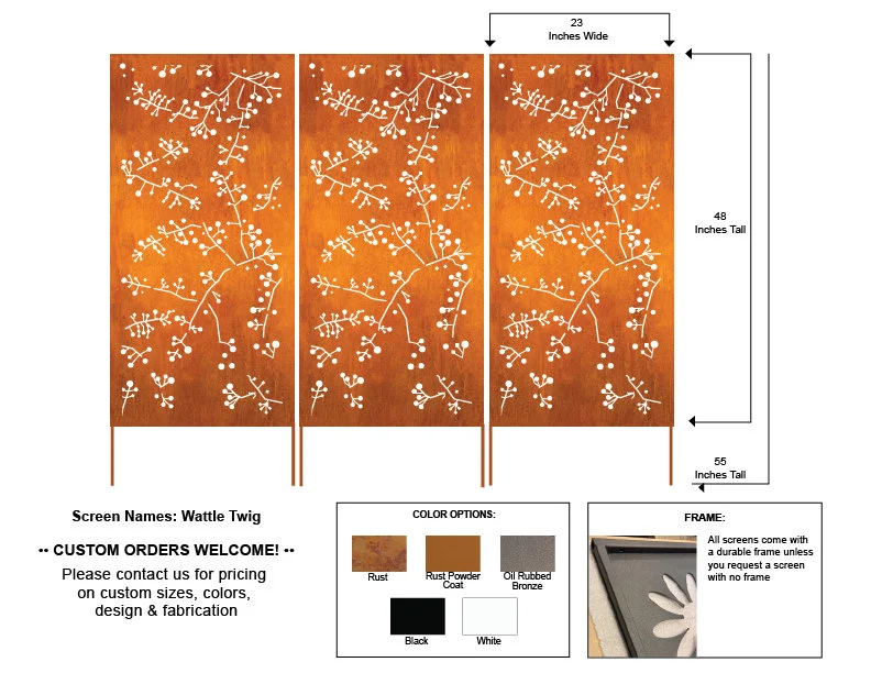 Metal privacy screens triple panel wall hanging with rust finish and Rustica twig pattern on Tampa Home & Garden Store