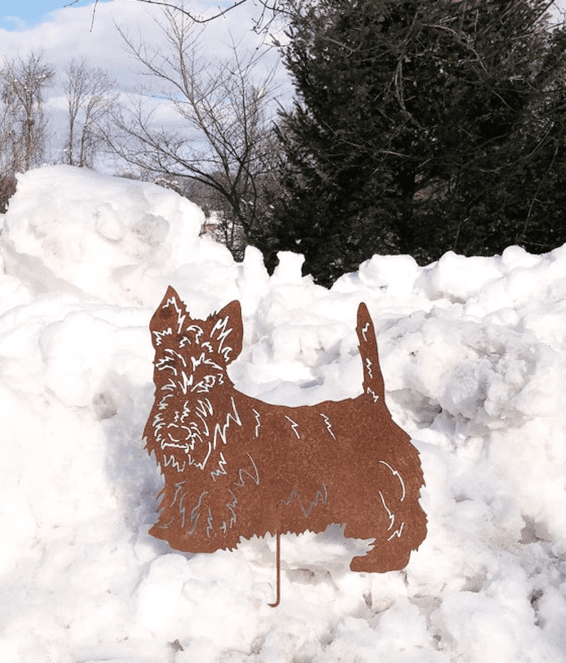 Scottish Terrier garden stake silhouette in rust-colored metal on Tampa Home & Garden Store