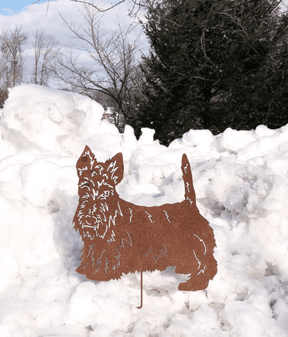 Scottish Terrier garden stake silhouette in rust-colored metal on Tampa Home & Garden Store