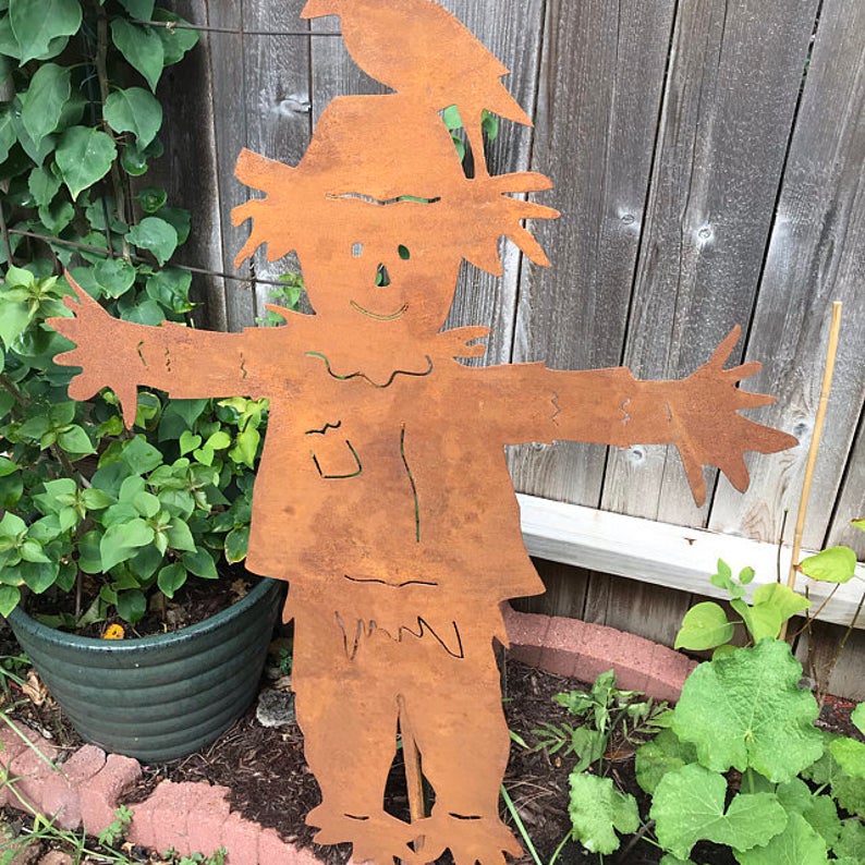 Outdoor metal scarecrow silhouette garden ornament, rust color, Rustica Ornamentals on Tampa Home & Garden Store
