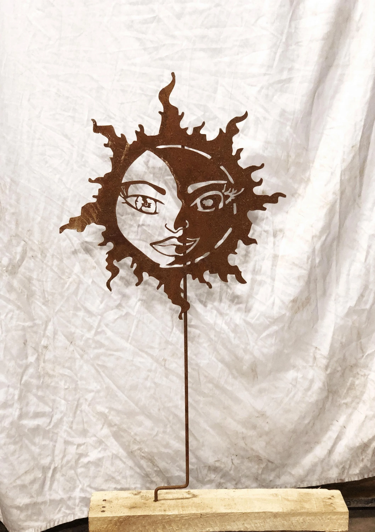 Sun Moon Garden Stake rustic sun-face metal ornament by Rustica Ornamentals on Tampa Home & Garden Store