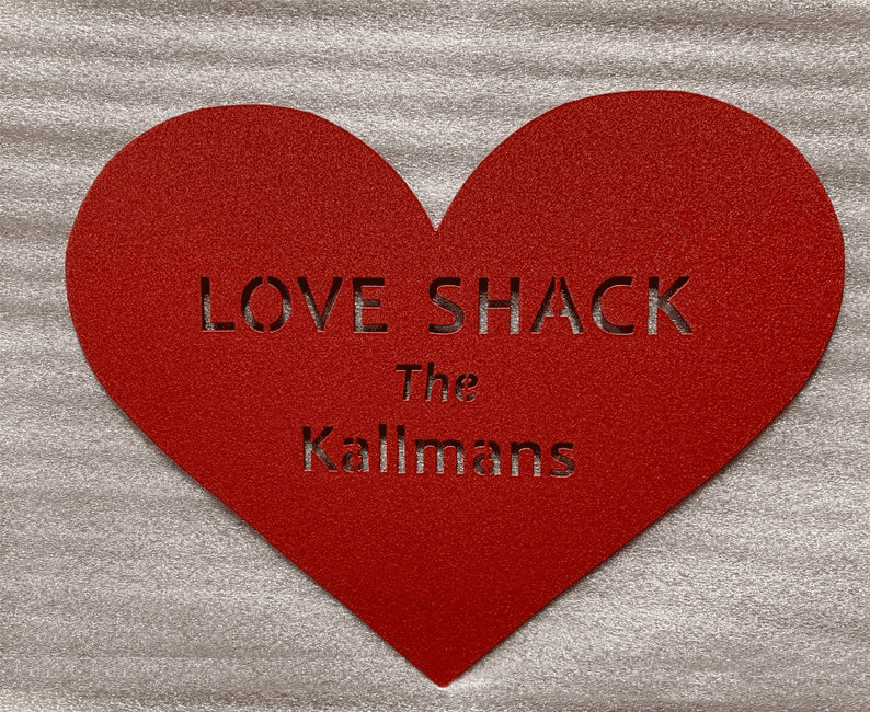 Red heart-shaped metal wall sign with laser-cut LOVE SHACK by Rustica Ornamentals on Tampa Home & Garden Store