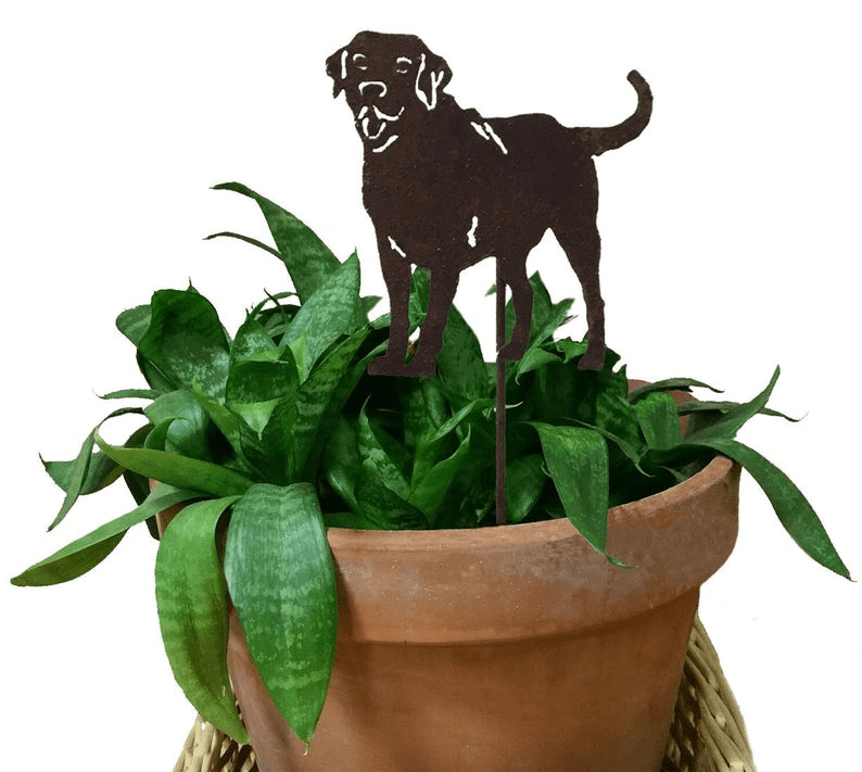 Labrador Retriever garden stake ornament in dark metal by Rustica Ornamentals for garden art on Tampa Home & Garden Store