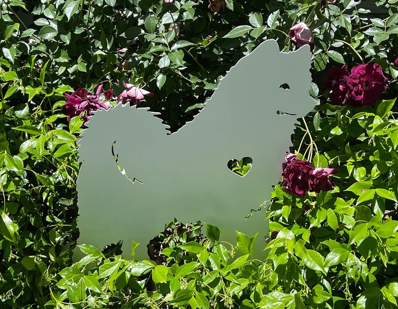 Samoyed garden stake by Rustica Ornamentals; gray metal lawn art with heart cutout on Tampa Home & Garden Store