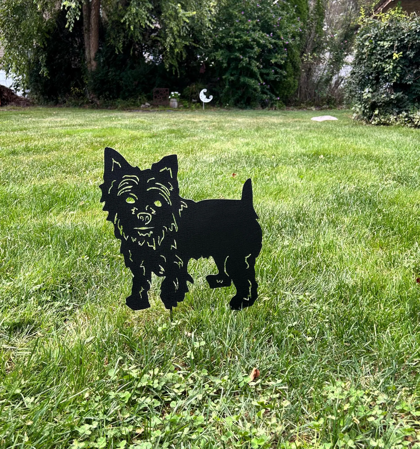 Yorkie garden statue metal silhouette black finish Rustica Ornamentals yard sculpture on Tampa Home & Garden Store