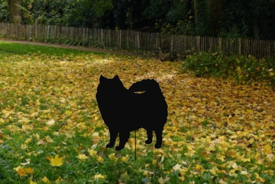 American Eskimo Dog garden stake silhouette in black, Rustica Ornamentals lawn ornament on Tampa Home & Garden Store