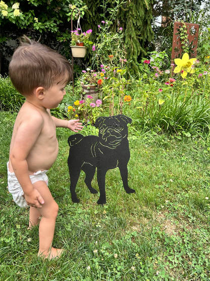 Pug garden stake lawn ornament in black metal silhouette by Rustica Ornamentals on Tampa Home & Garden Store