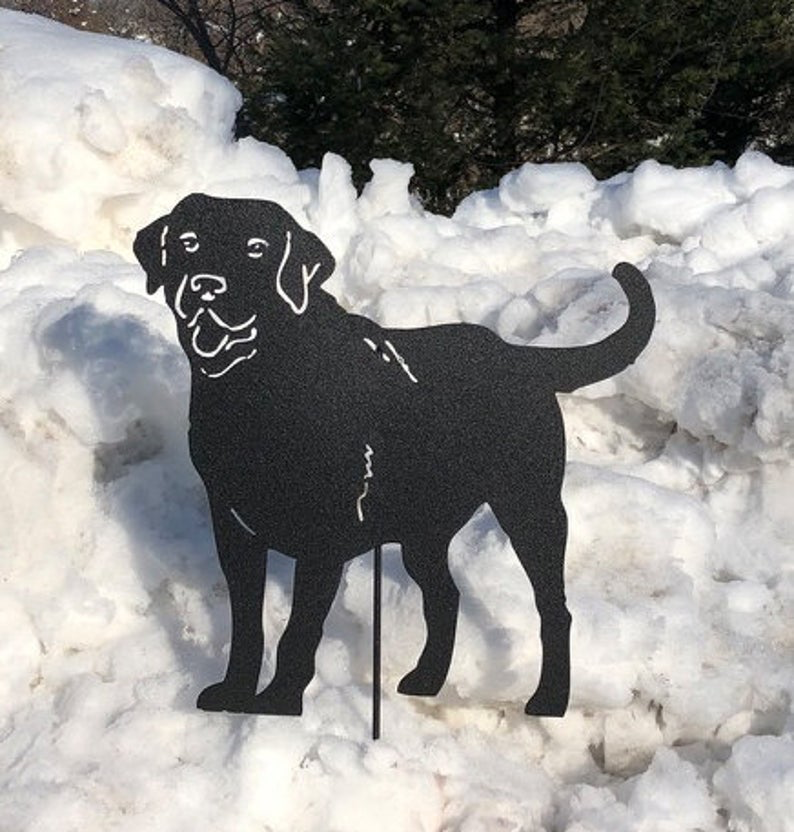 Labrador statue lawn ornament, black metal silhouette with ground stake, Rustica Ornamentals on Tampa Home & Garden Store