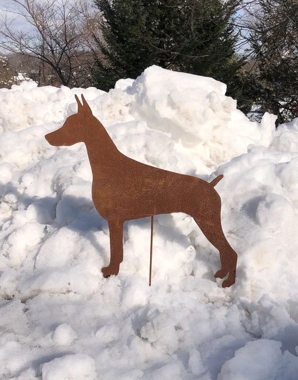Doberman Pinscher garden stake by Rustica Ornamentals, rust metal lawn ornament on Tampa Home & Garden Store
