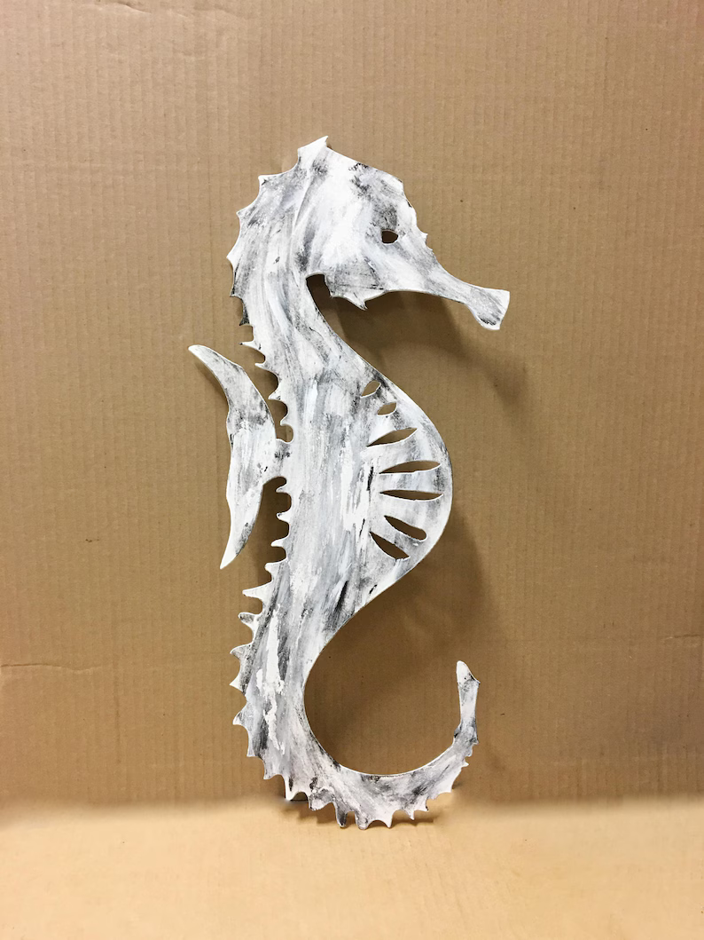 Seahorse garden ornament by Rustica Ornamentals, distressed white metal wall hanging on Tampa Home & Garden Store