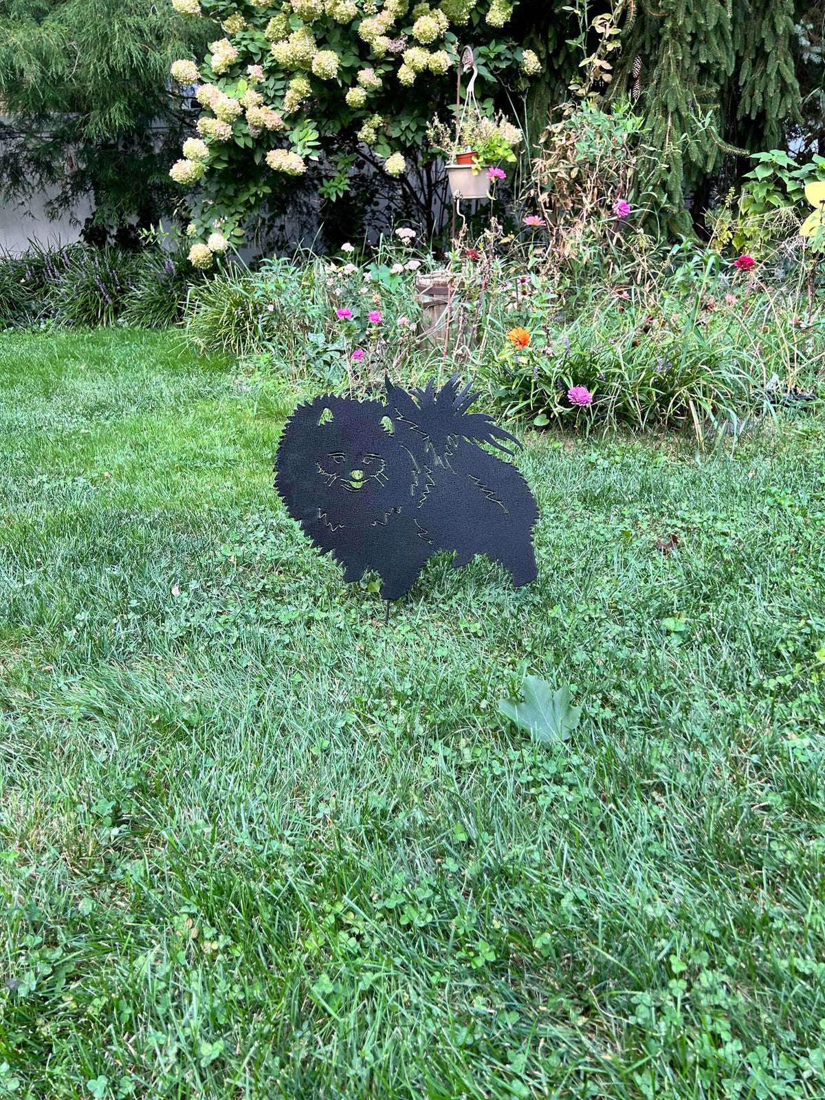 Pomeranian garden stake silhouette in metal featuring two black dogs, Rustica Ornamentals on Tampa Home & Garden Store