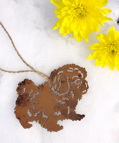 Pekingese dog plant stake, rusted metal lawn ornament by Rustica Ornamentals with twine on Tampa Home & Garden Store