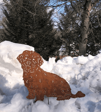 Havanese dog garden stake in rusted metal, outdoor yard decor nestled in snow on Tampa Home & Garden Store