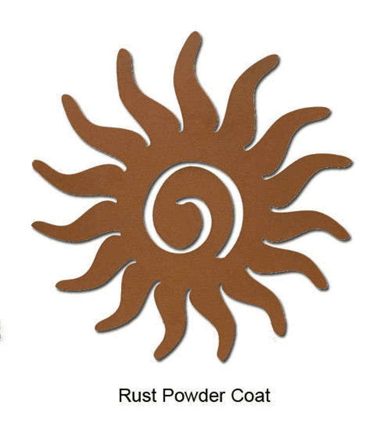 Sun metal wall art in rust powder coat by Rustica Ornamentals, outdoor lawn ornament on Tampa Home & Garden Store