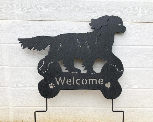 King Charles Cavalier wall art silhouette in black metal with Welcome by Rustica Ornamentals on Tampa Home & Garden Store