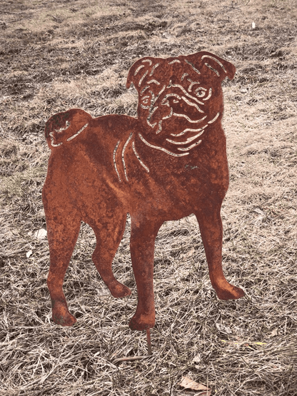 Pug garden stake silhouette in rustic rusty metal lawn ornament on Tampa Home & Garden Store