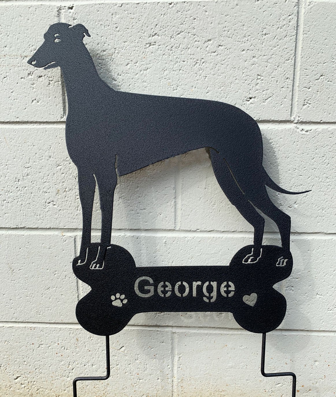 Greyhound lawn ornament in black metal bone with George paw print heart by Rustica Ornamentals on Tampa Home & Garden Store