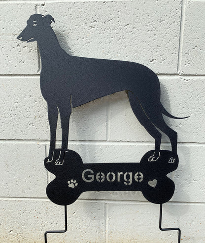 Greyhound lawn ornament in black metal bone with George paw print heart by Rustica Ornamentals on Tampa Home & Garden Store