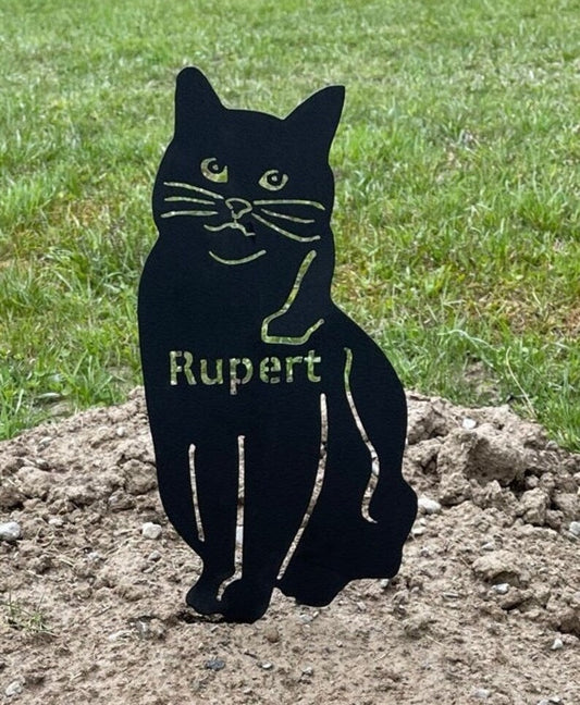 Black metal cat yard art silhouette with Rupert lettering, a Rustica Ornamentals lawn ornament on Tampa Home & Garden Store