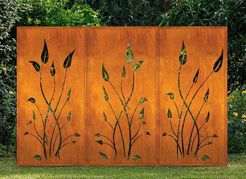 Three-panel rusted metal outdoor privacy screen with leafy branch cutouts by Rustica Ornamentals on Tampa Home & Garden Store