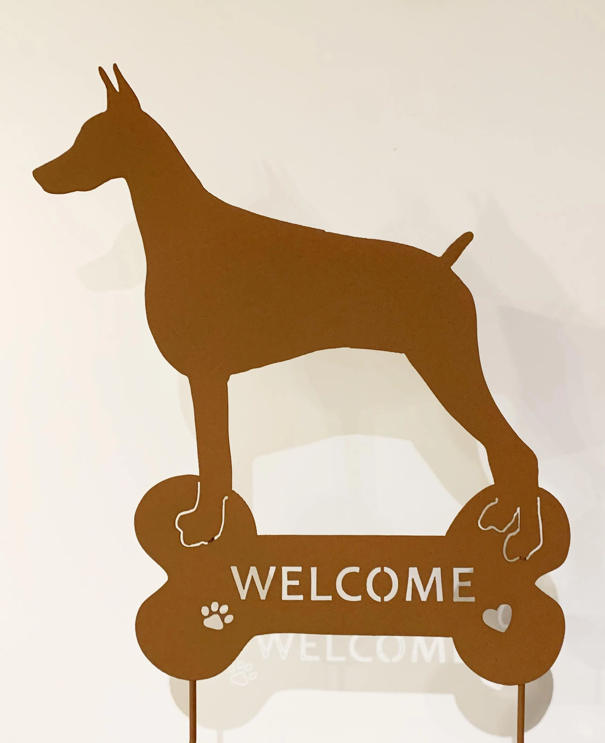 Doberman Pinscher garden stake style 1 silhouette in brown metal with welcome sign on Tampa Home & Garden Store
