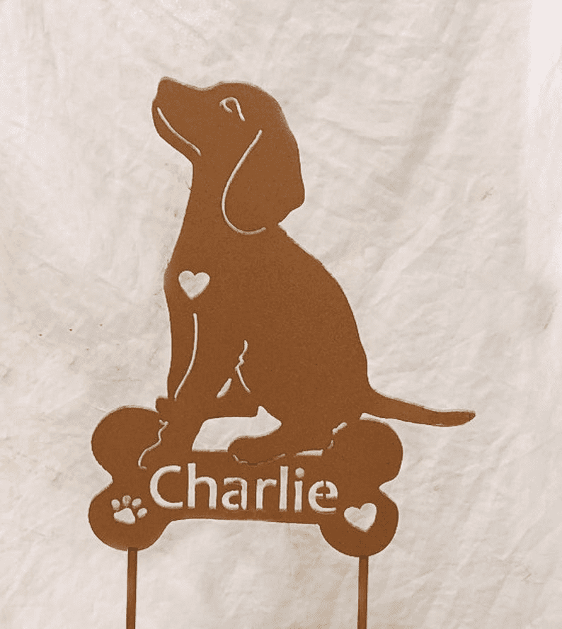 Beagle garden stake wall hanging rust color by Rustica Ornamentals Charlie on bone plaque on Tampa Home & Garden Store