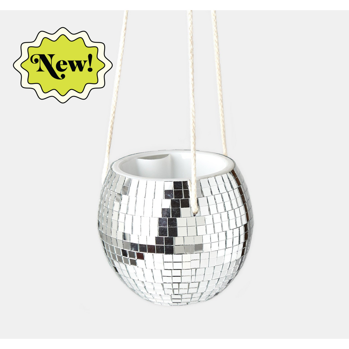Disco Ball Hanging Planter with mirrored mosaic tiles and natural rope hanger on Tampa Home & Garden Store