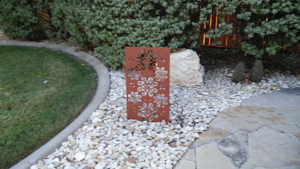 Outdoor privacy panel metal wall sculpture Rustica Ornamentals rust finish, 46-inch tall on Tampa Home & Garden Store