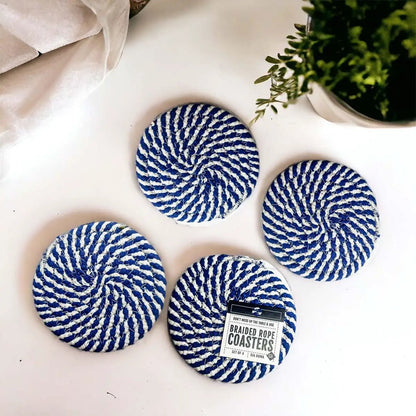 Blue and White Braided Rope Coasters Set of 4