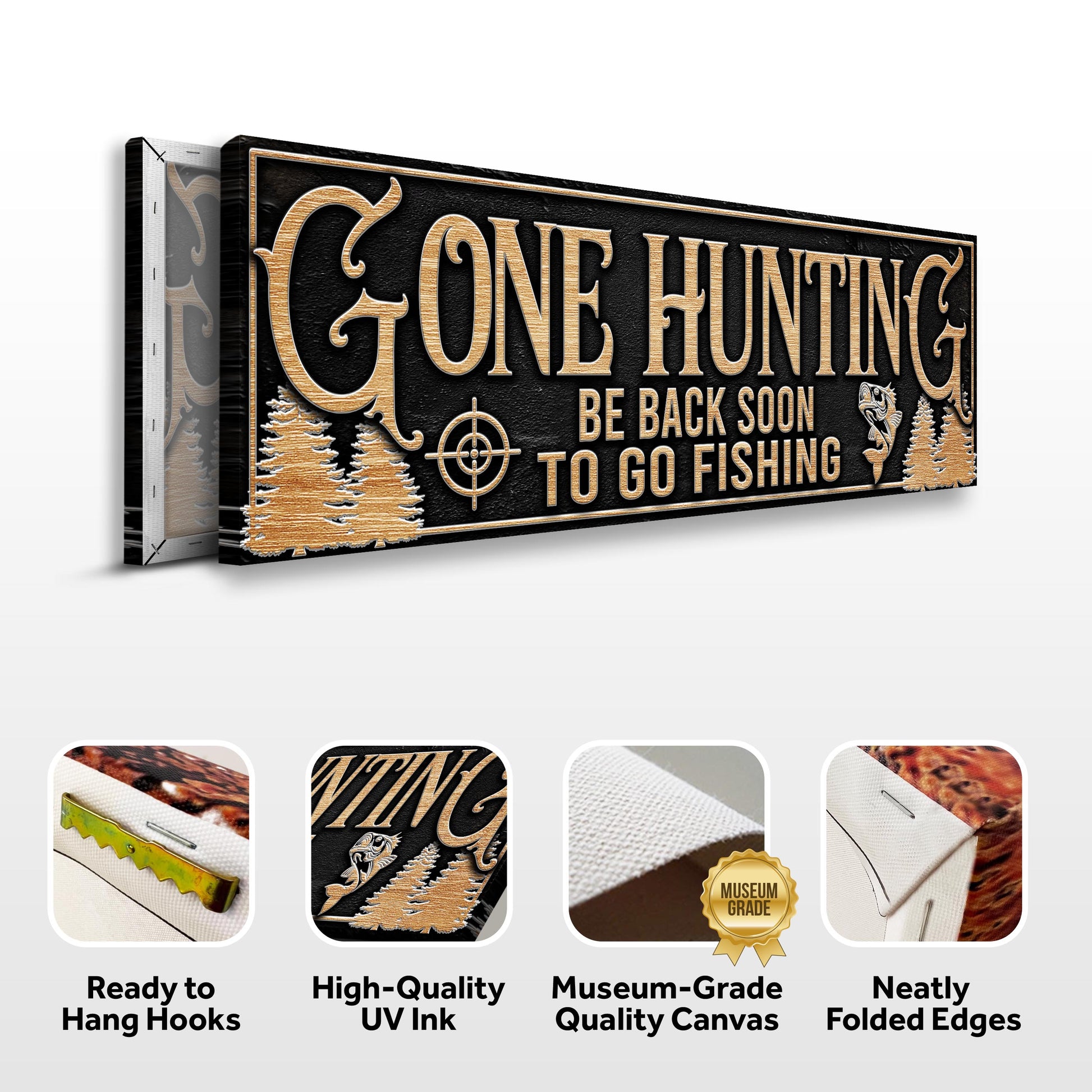 Gone Hunting Sign canvas by Tailored Canvases with wood-textured gold lettering on black background on Tampa Home & Garden Store