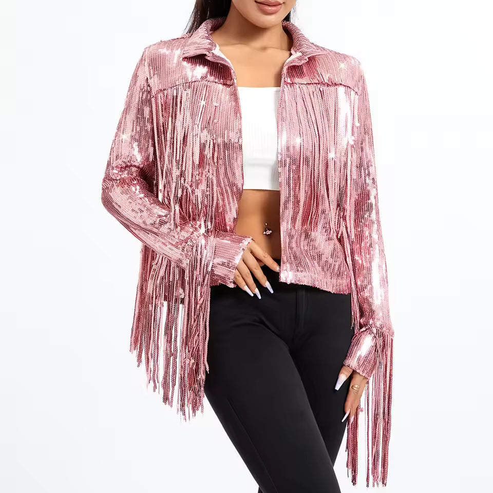 Sterlling tassel sequin jacket pink metallic fringe long sleeve on Tampa Home & Garden Store