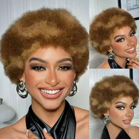 Stevvex Short Afro Curly Wig, 150% density Remy human hair, golden brown afro for black women on Tampa Home & Garden Store