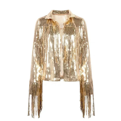 Stevvex gold-tone tassel sequin jacket with fringe sleeves on Tampa Home & Garden Store