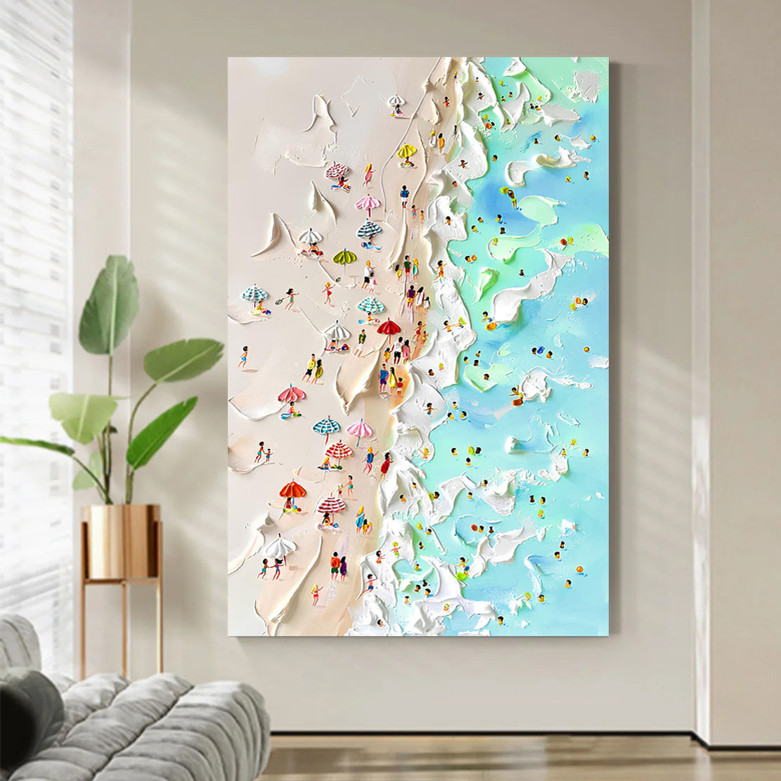 Beachfront Painting coastal canvas by Tailored Canvases with textured sand and blue sea on Tampa Home & Garden Store
