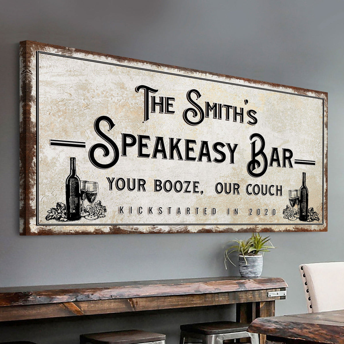 Speakeasy Your Booze Our Couch Bar Sign canvas with beige texture and bold typography on Tampa Home & Garden Store