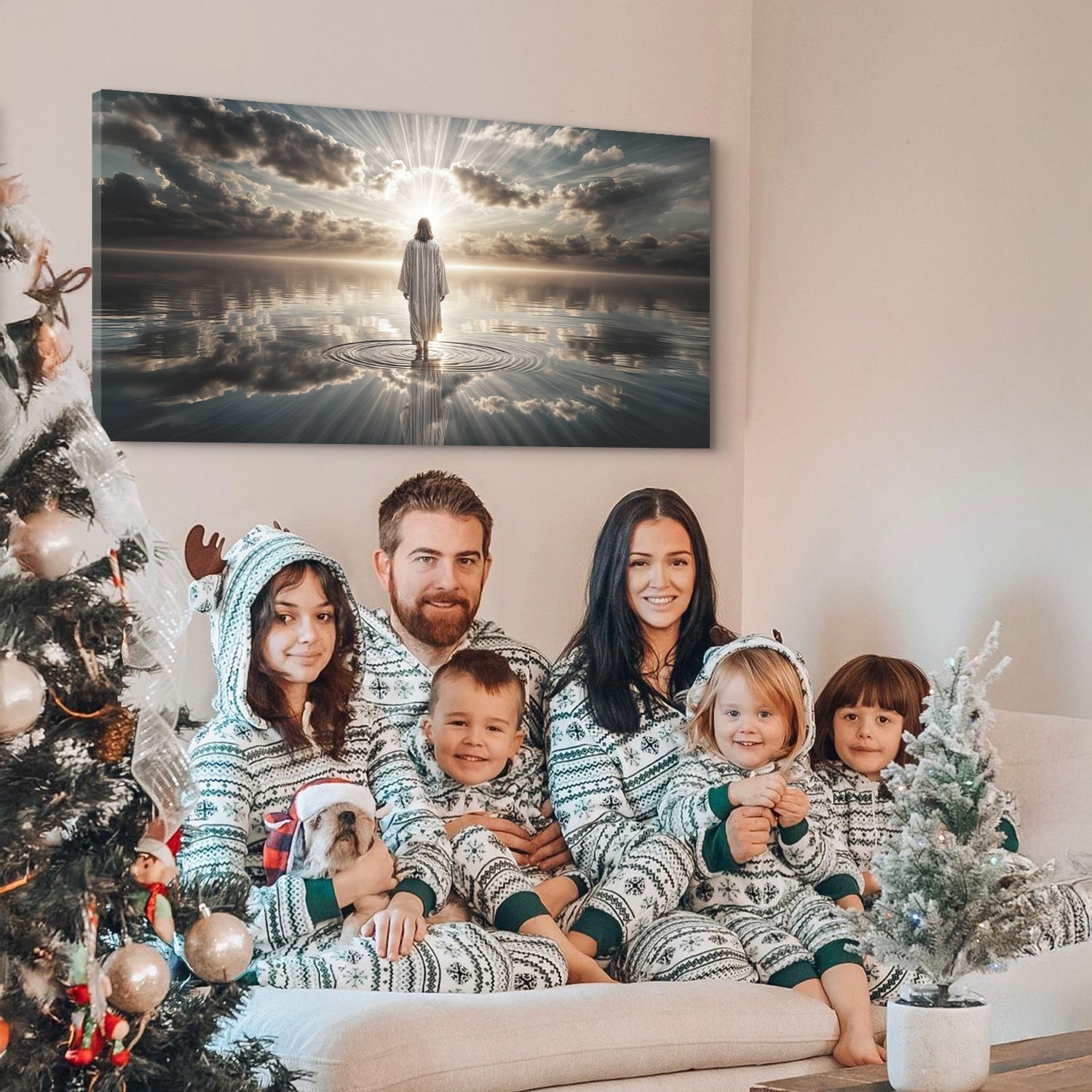 Walking on Water Faith Wall Art III canvas; seascape with sunrise above family in pajamas on Tampa Home & Garden Store