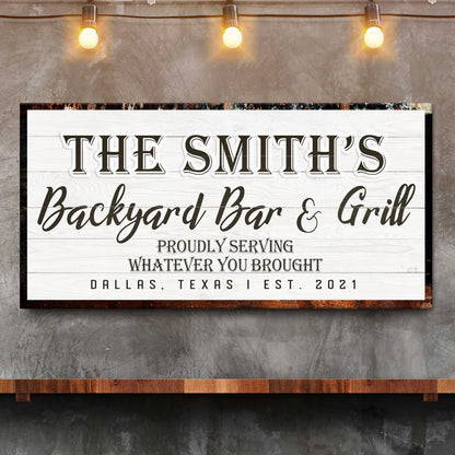 Backyard Bar & Grill Sign XIX canvas on white wood panel bold serif The Smiths rustic frame on Tampa Home & Garden Store
