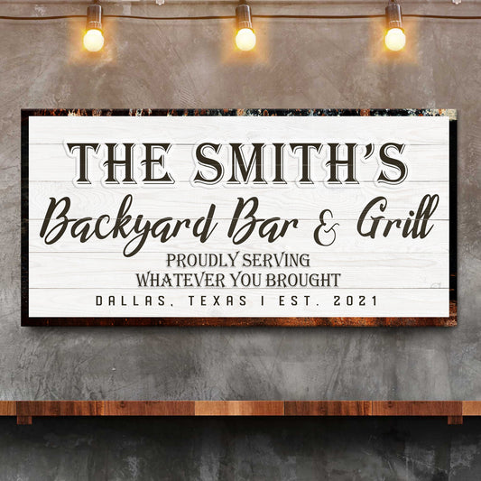 Backyard Bar & Grill Sign XIX canvas on white wood panel bold serif The Smiths rustic frame on Tampa Home & Garden Store